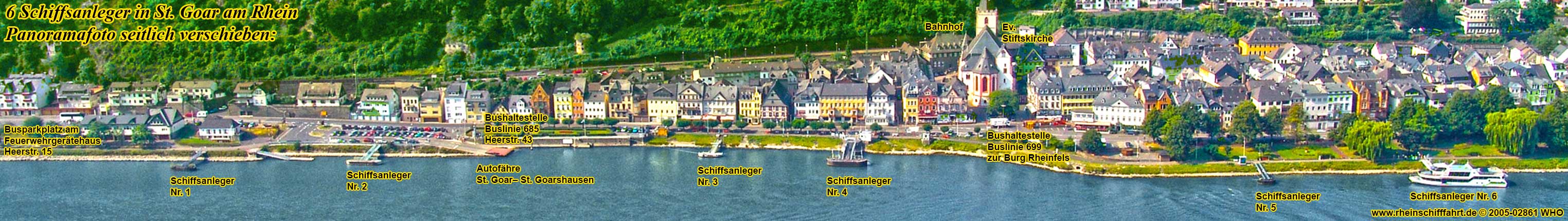St. Goar am Rhein. Panoramafoto mit 6 Schiffsanlegern.