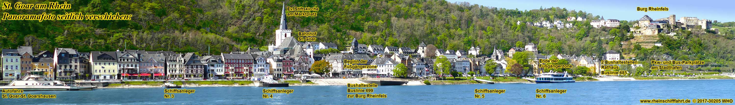 St. Goar am Rhein. Panoramafoto mit Burg Rheinfels und Schiffsanlegern.