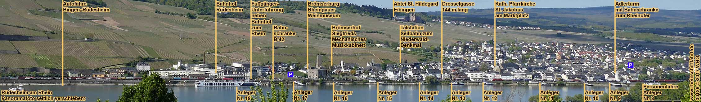 Rdesheim am Rhein. Panoramafoto mit Schiffsanlegern.