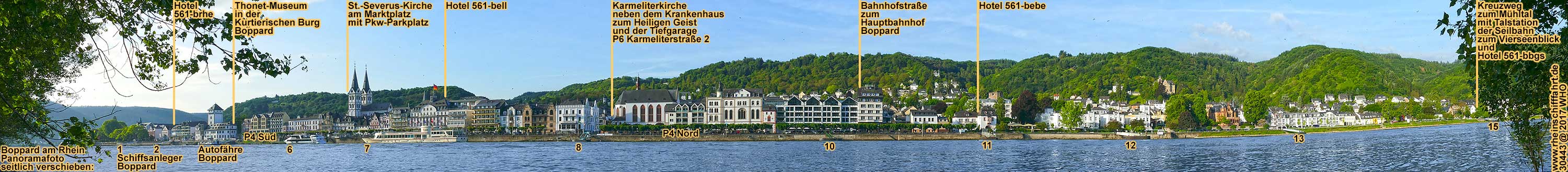 Boppard am Rhein. Panoramafoto mit Schiffsanlegern.